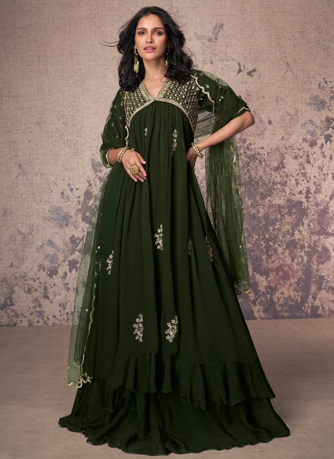 Real Chinnon Silk Green Wedding Wear Embroidery Work Readymade Gown With Dupatta